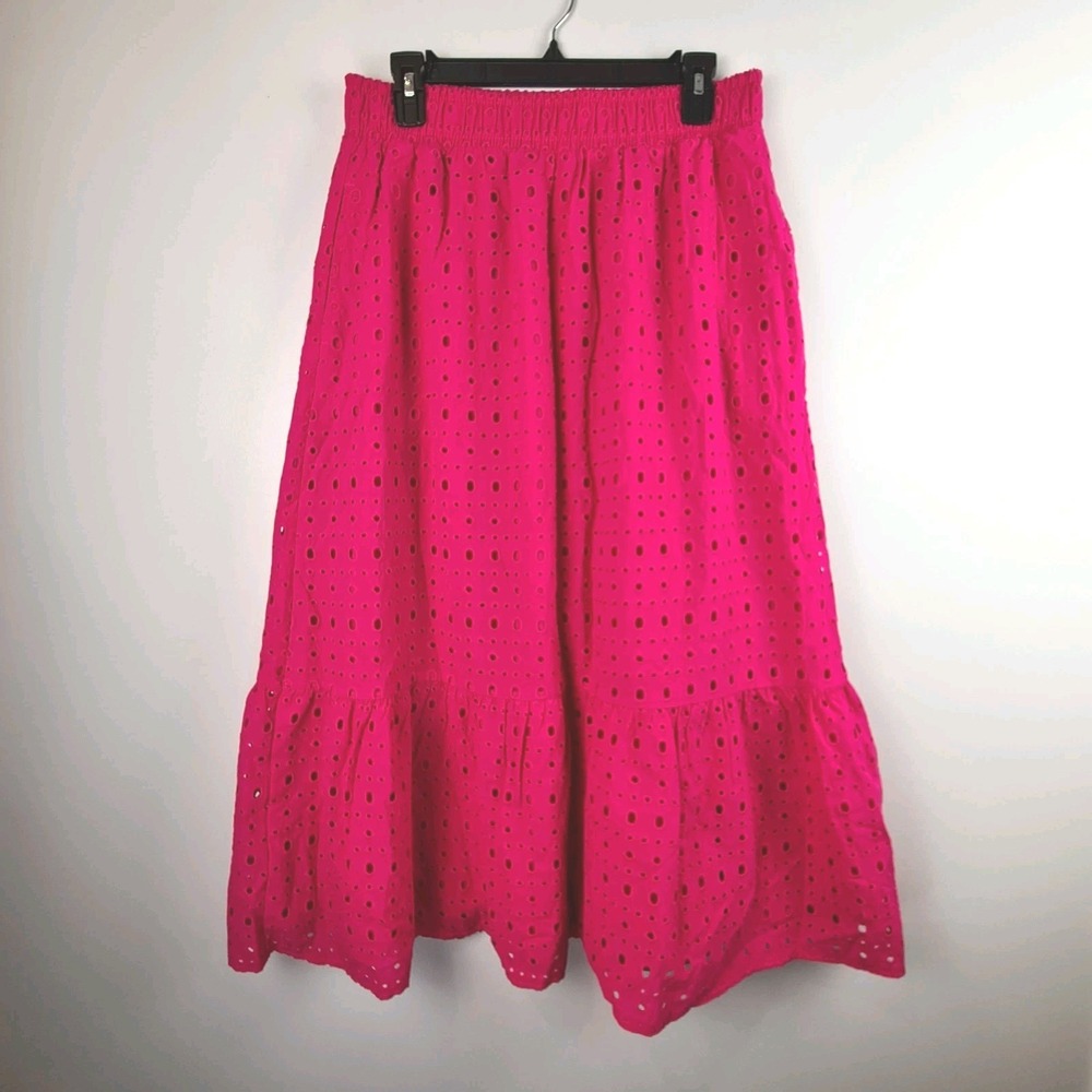 Time and Tru Women's Cotton Eyelet Midi Skirt‎ Size S 4-6 Smokin Hot Pink Lined